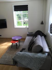 - un salon avec un lit et une fenêtre dans l'établissement Akureyri Central House, à Akureyri