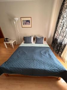Schlafzimmer mit einem großen Bett mit blauer Decke in der Unterkunft Apartment Stepana Bandery Street in Riwne