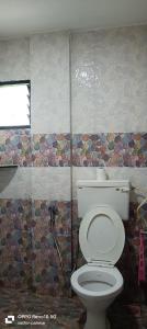 baño con aseo y pared de mosaico en RN guest house, en Arambol