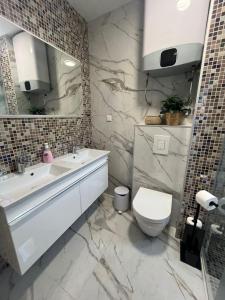 KravljaPenthouse Apartment mit Meerblick in der Bucht von Kotor mit Pool Area- 400m bis zum Strand的带白色水槽和马桶的浴室