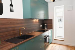 a kitchen with blue cabinets and a sink at Pidder-Lyng Haus 3 in Böhl