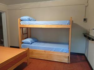 two bunk beds in a room with blue sheets at Cabañas Misioneras in San Ignacio