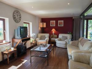 a living room with two couches and a tv at Les Terrasses Charming cottage in the heart of the Ardennes in Waimes