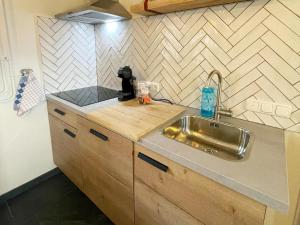 UbachsbergHoliday Homes in Ubachsberg with a Picturesque Garden的带水槽和台面的厨房