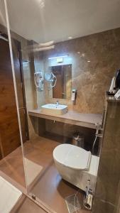 a bathroom with a toilet and a sink at Hotel Pentagon in Ettumānūr +20 photos