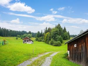 a field with a barn and a dirt road at Chalet in Schwarzenberg am Skilift in Schwarzenberg
