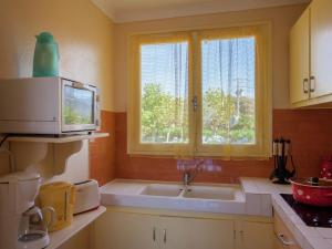 a kitchen with a sink and a microwave at Cosy Holiday Home in Cargèse Corse-du-Sud near Sea in Cargèse