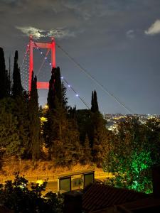 a view of a red suspension bridge at night at Reflection of the Bosphorus in Istanbul +50 photos
