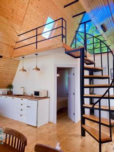 a loft kitchen with a spiral staircase in a house at Utopia Inn უტოპია ინნ in Batumi