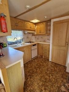 a kitchen with wooden cabinets and a sink and a counter at Przyczepa holenderska ROCO in Rewa