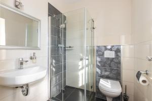 a bathroom with a sink and a toilet and a shower at Haus Ostseestrand in Lancken +17 photos