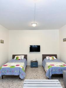 a bedroom with two beds and a flat screen tv at Casa Riviera in Zahlé
