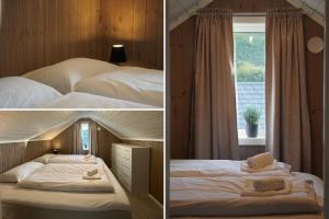 two pictures of a bedroom with beds and a window at Majestic Horizons Lofoten in Leknes
