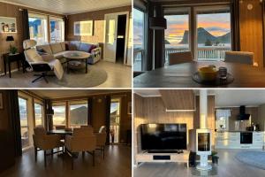 a collage of four pictures of a living room at Majestic Horizons Lofoten in Leknes