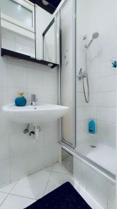 a bathroom with a sink and a shower at Bright & Comfortable 1BR ,Easy Access to Vienna City Centre in Vienna