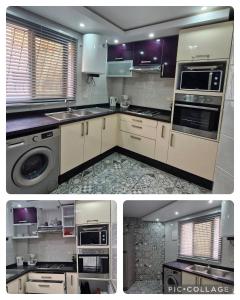 a kitchen with white cabinets and a sink and appliances at Appart familial, fibre50 mbps parking,ipptv in Kenitra