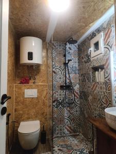 a bathroom with a toilet and a shower at House Maclura Jablanica Lake in Železnička Stanica Ostrožac