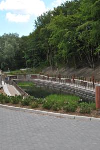 ソポトにあるSopot Romantic Apartmentの塀と木が植えられた公園の池
