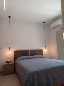 a bedroom with a large bed and two lights at Anastasakos villas in Mavrovouni