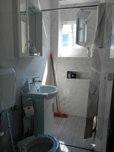 Un baño con lavabo, inodoro y espejo. en apartman centar sarajevo, en Sarajevo