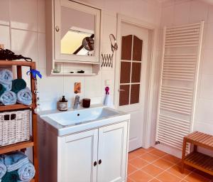a bathroom with a white sink and a mirror at Apartmán Stella in Jablonec nad Nisou +22 photos