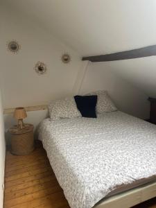 トロワにあるAppartement T2 Troyesのウッドフロアのベッドルーム1室(ベッド1台、ランプ付)