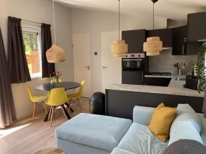 Una sala de estar con un sofá y una mesa y una cocina. en Holiday home with terrace, en Sint Maartenszee