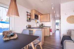 a kitchen and living room in a tiny house at Hausboot Schatzkiste in Fehmarn