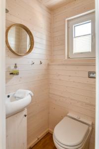 a small bathroom with a toilet and a mirror at Hausboot Schatzkiste in Fehmarn +20 photos