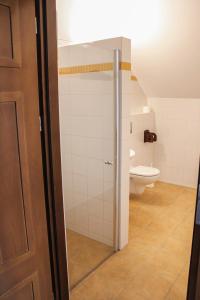 a bathroom with a toilet and a sliding glass door at Dom gościnny w Bartniku in StrÃ³Å¼e