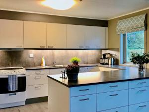 Frafjordにある27 person holiday home in dyrdal-By Traumの白いキャビネットとカウンタートップを備えたキッチン