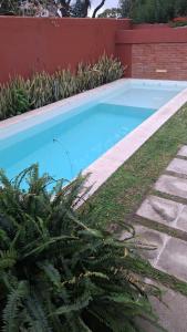 a blue swimming pool in a yard with plants at Aires de campo en la ciudad in San Fernando del Valle de Catamarca