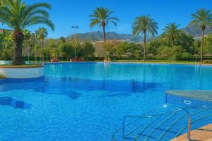 duży błękitny basen z palmami w obiekcie Benalbeach Costa w mieście Benalmádena