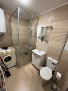 a bathroom with a shower and a toilet and a sink at Nikea apart 2 in Velingrad