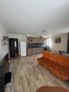 a living room with a couch and a kitchen at Nikea apart 2 in Velingrad