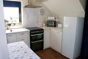 a small kitchen with a stove and a refrigerator at Little Twin View in Portaferry