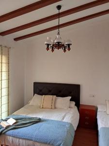a bedroom with a bed and a chandelier at Valencia Casa Rosa in Sedaví