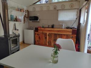 een keuken met een tafel met een vaas met bloemen bij Cabañita del bosque in Bariloche +27 foto's