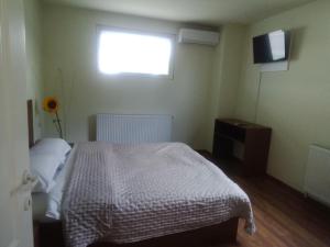 a bedroom with a bed and a window and a television at Casa Corvinia in Hunedoara