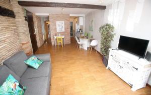 ein Wohnzimmer mit Couch und Flachbildfernseher in der Unterkunft EL RINCON DEL MARQUES entresuelo Junto a Catedral in Logroño