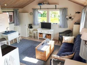 a living room with a blue couch and a tv at 4 star holiday home in onsala in Onsala