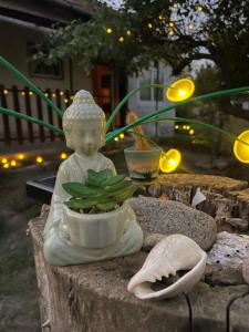 a statue of a person with a plant in a pot at The Ozorian Rooms & Glamping in Ozora