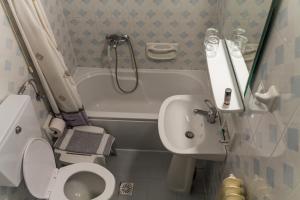 a small bathroom with a toilet and a sink at Neos Omalos Hotel in Omalos