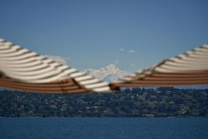a bird flying over a body of water at Auberge Port Gitana in Bellevue