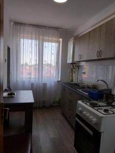 a kitchen with a stove and a sink and a window at Apartament BIS in Buzau