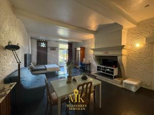 a living room with a table and a fireplace at Le Cloître Jardin privatif, Ligny-en-barrois in Ligny-en-Barrois