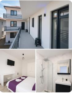 a white bedroom with a bed and a house at Vila Atlas Constanta in Constanţa