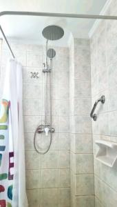 a shower with a shower head in a bathroom at Amoni House- An authentic village stay in Pyrgos
