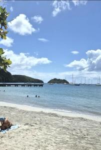 a person laying on a beach with people in the water at Appartement Elya Anse à l âne Vue Mer in Les Trois-Îlets