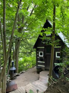 a black out house in the middle of the woods at Králíkova chatka in Kaliště